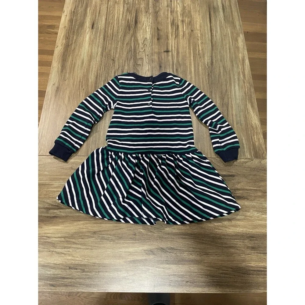 Janie & Jack Navy Blue Green White Striped Long Sleeve Dress Girls Size 5